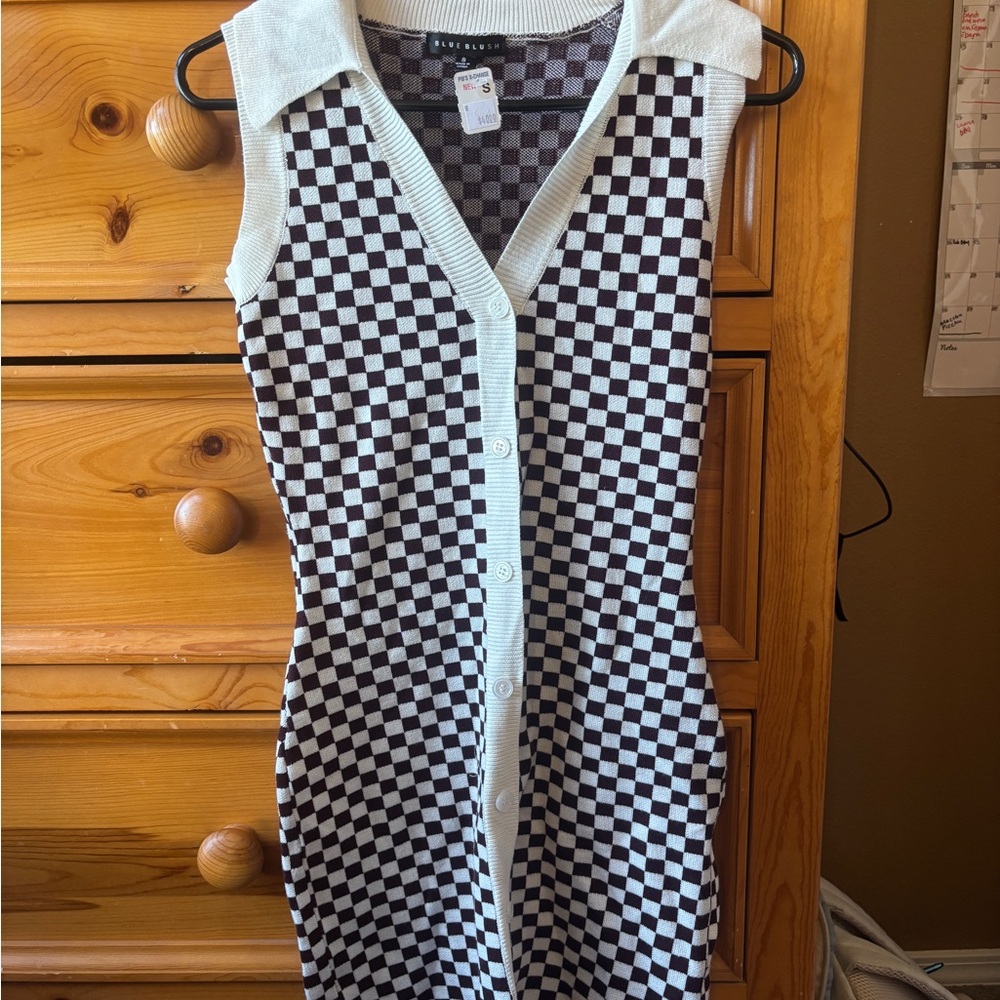 Blue Blush Brown and White Checkered Dress